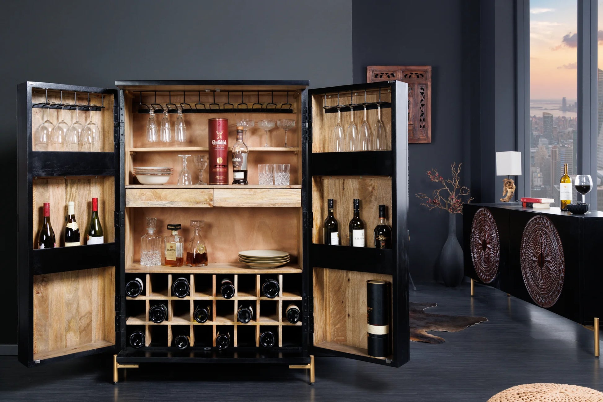 Mandala Solid Wood Bar Cabinet